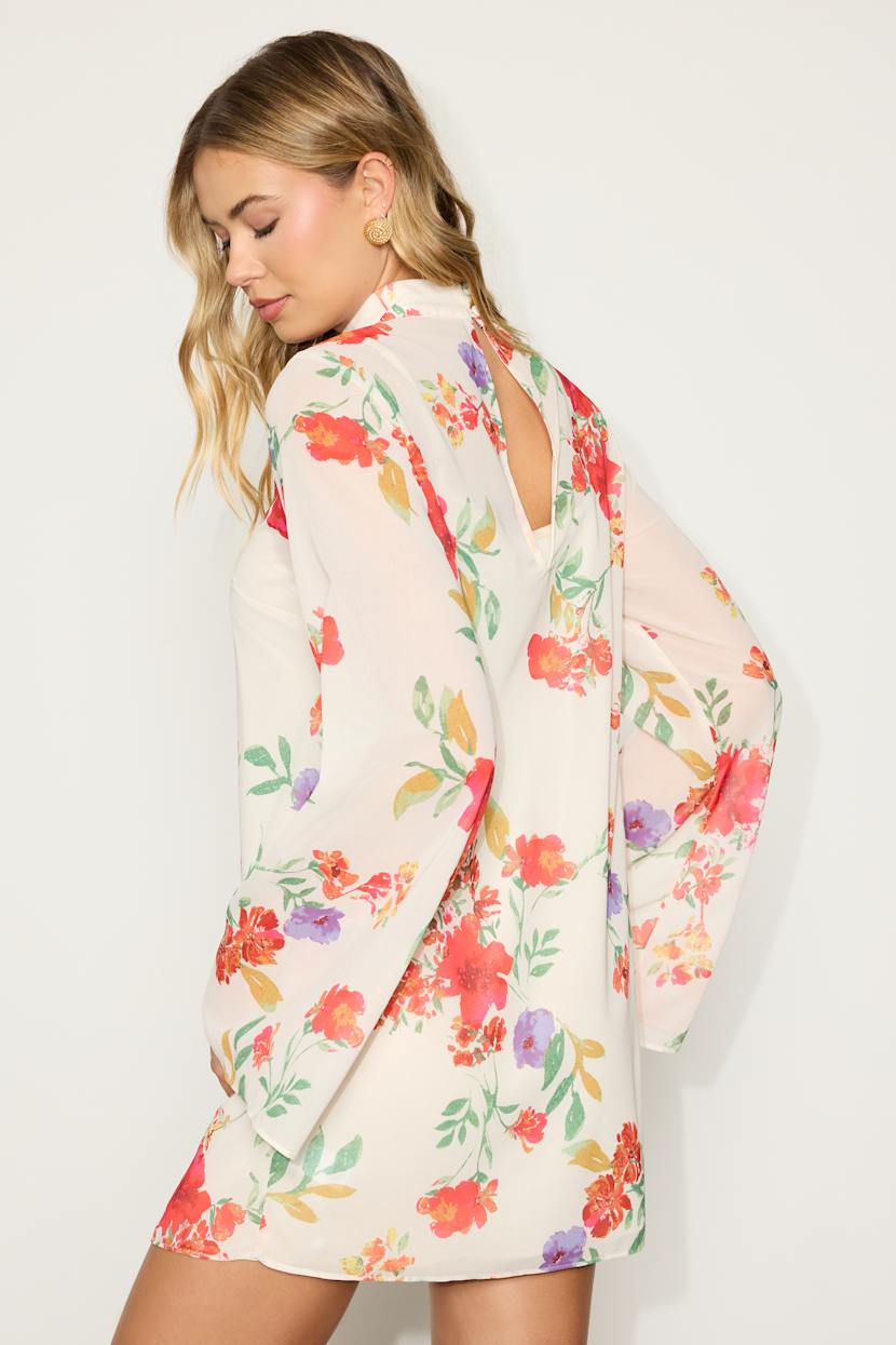 Ivory Multi Floral Dress - Bell Sleeve Dress - Shift Mini Dress - Lulus Ivory Multi Floral Dress - Bell Sleeve Dress - Shift Mini Dress - Lulus
