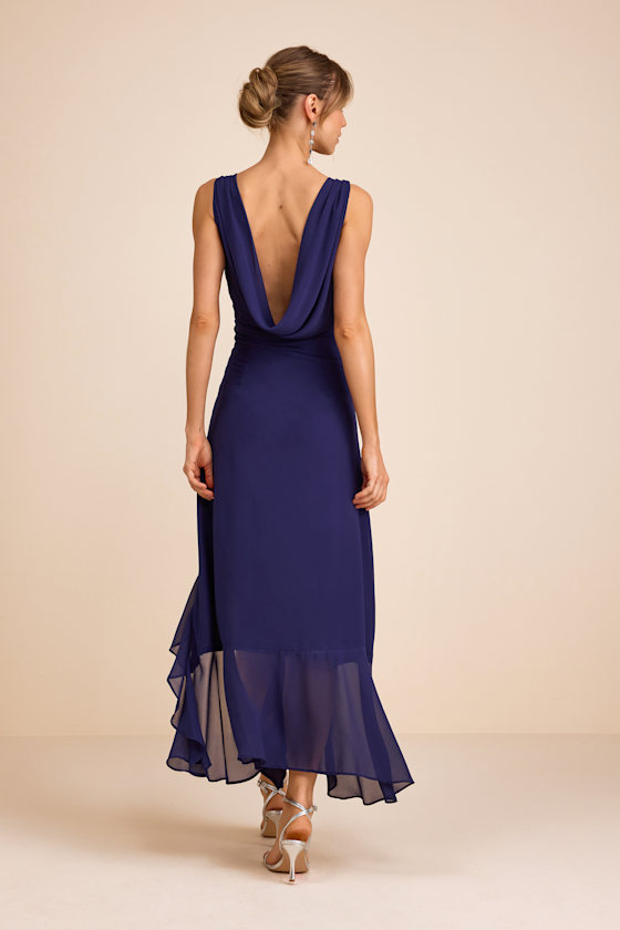 Navy Chiffon Dress - Ruffled Maxi Dress - Cowl Back Dress - Image 4