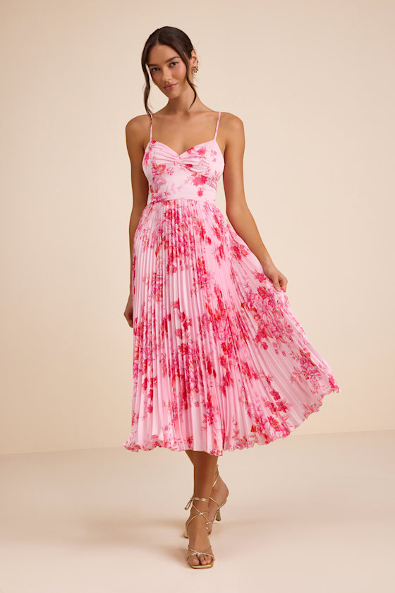 Pink Floral Midi Dress - Satin Pleated Dress - A-Line Midi Dress