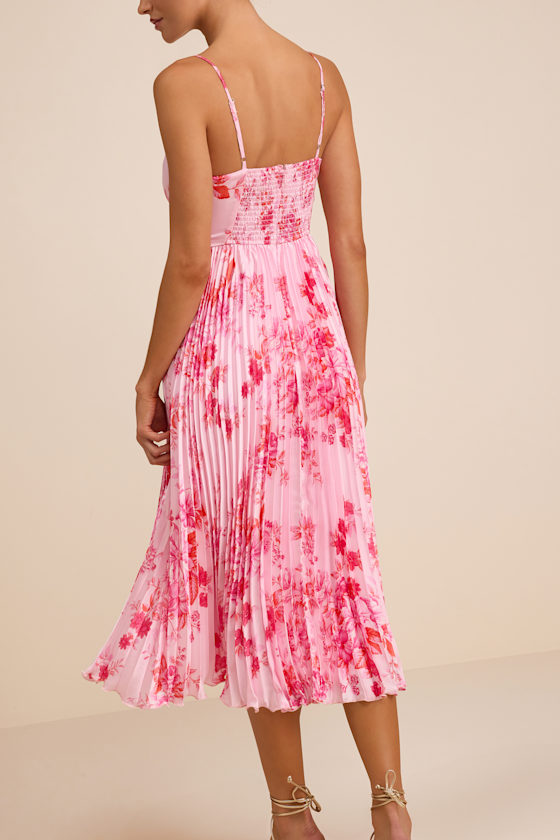 Pink Floral Midi Dress - Satin Pleated Dress - A-Line Midi Dress