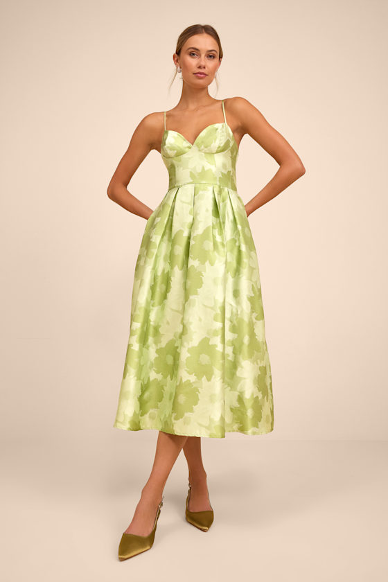 Vivinna Lime Green Floral Jacquard Pleated Midi Dress 1