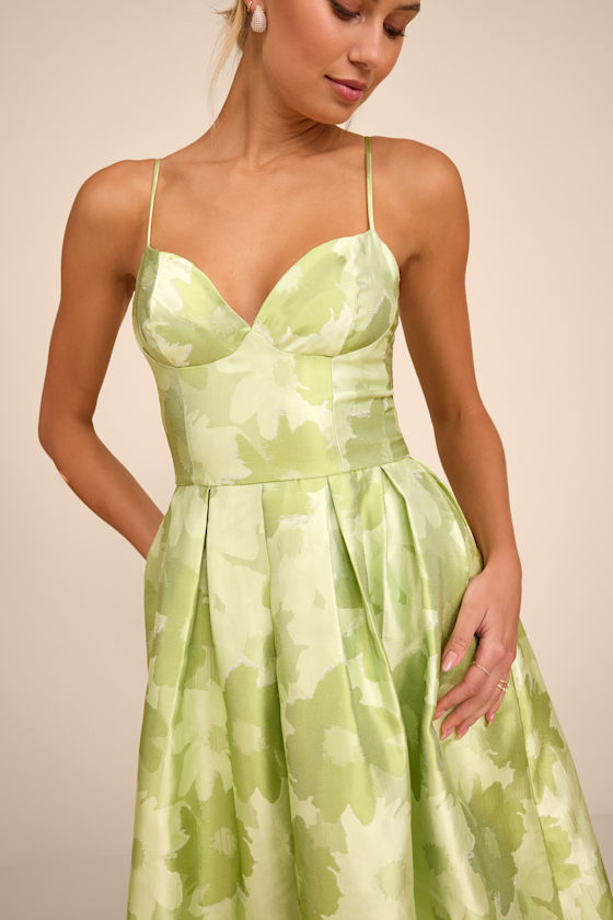Vivinna Lime Green Floral Jacquard Pleated Midi Dress 2