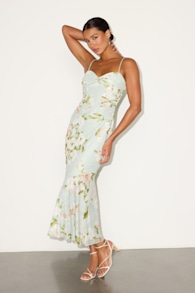 Giorgina Sage Floral Mesh Gathered Trumpet Midi Dress 1