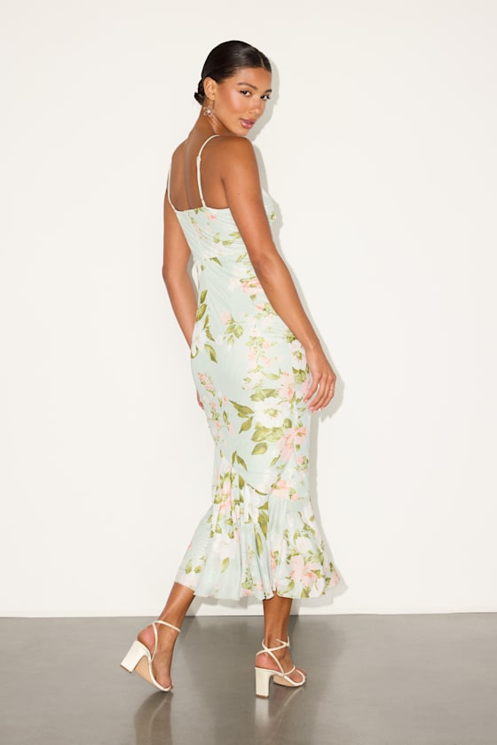 Sage Floral Dress - Trumpet Midi Dress - Gathered Bodycon Dress - Image 3