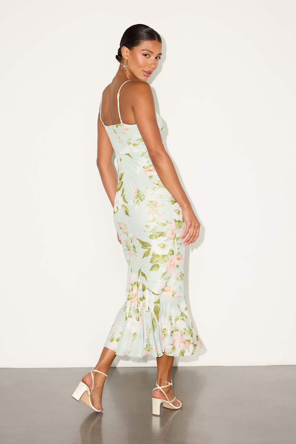 Giorgina Sage Floral Mesh Gathered Trumpet Midi Dress