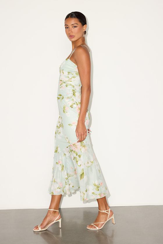 Sage Floral Dress - Trumpet Midi Dress - Gathered Bodycon Dress - Image 4
