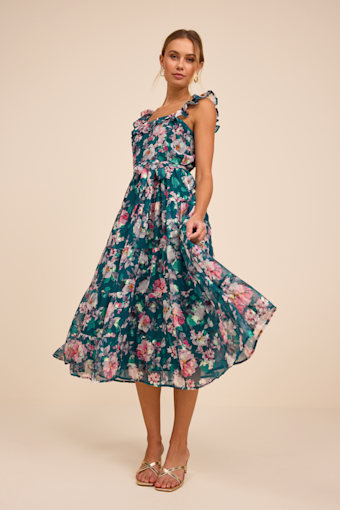 Shela Teal Floral Jacquard Tiered Midi Dress 1