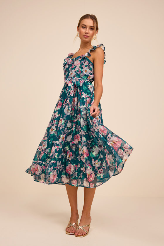Shela Teal Floral Jacquard Tiered Midi Dress 1