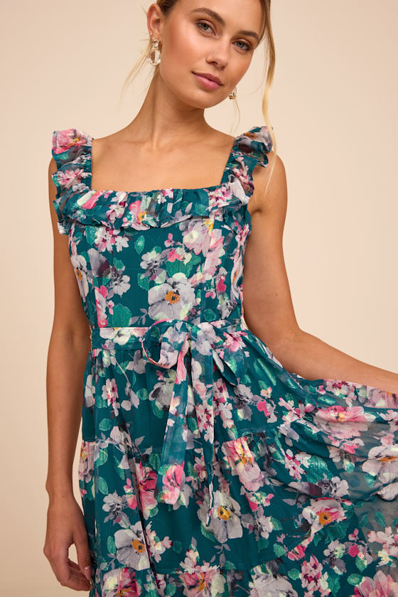 Shela Teal Floral Jacquard Tiered Midi Dress 2