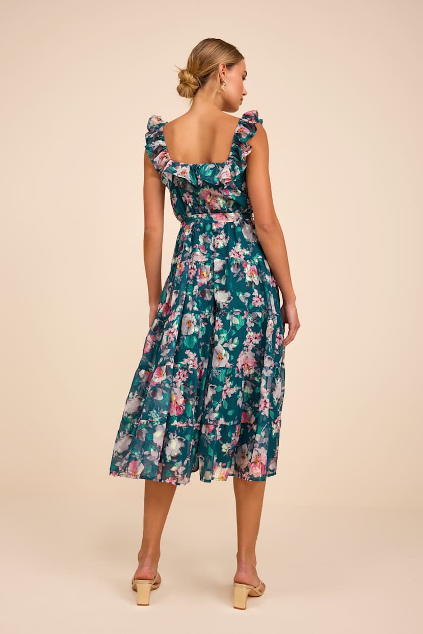 Teal Floral Midi Dress - Tiered Midi Dress - Ruffled Midi Dress - Lulus