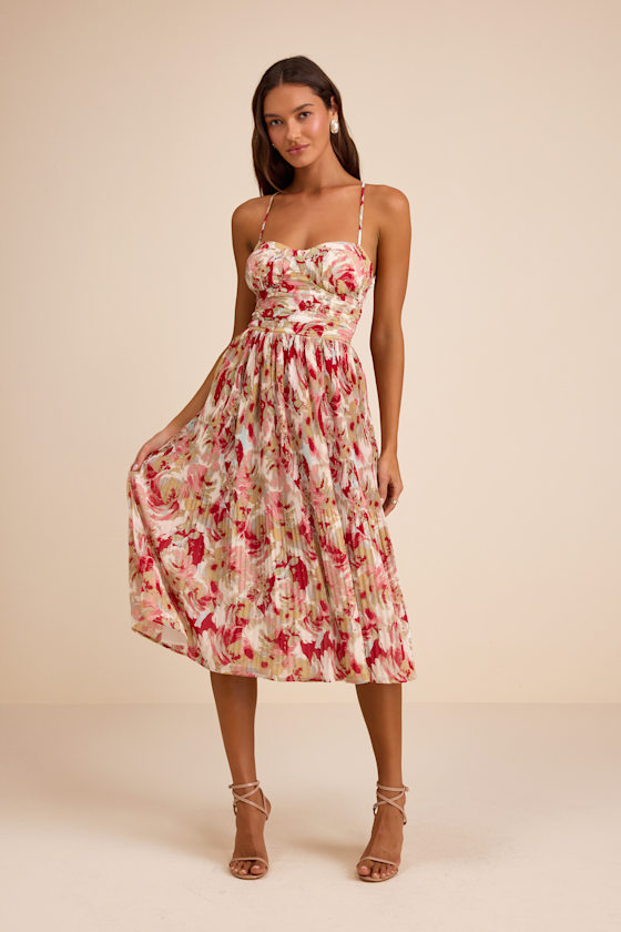 Aleyna Red Multi Abstract Pleated Lace-Up Bustier Midi Dress 1