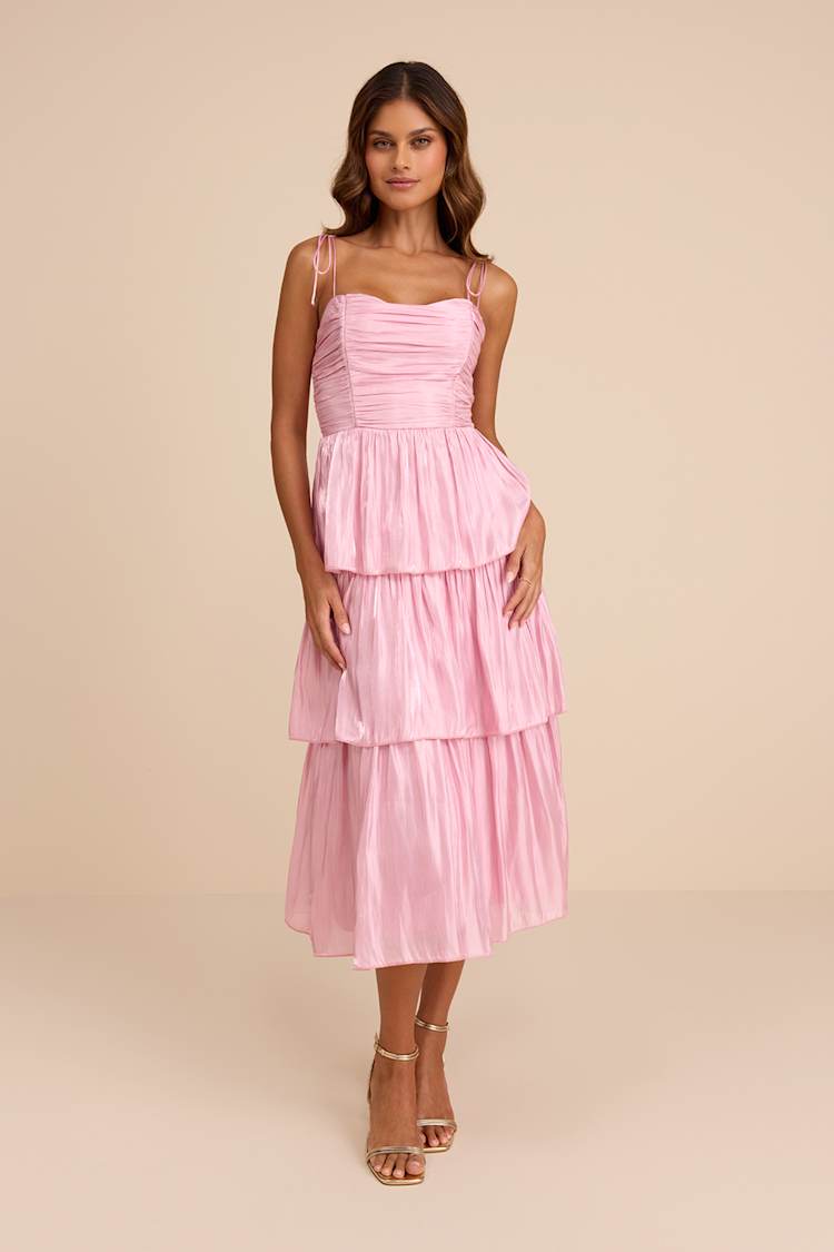 knee length dresses for ladies Happy Clothing Leslie Fit and Flare Crossover Mesh Taffeta Midi Dress main image 1