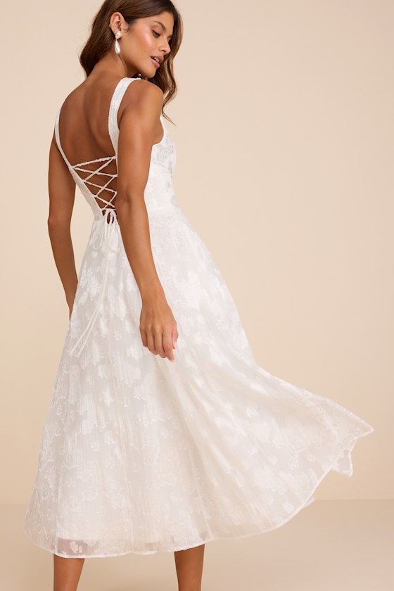 Image of Loira White Burnout Jacquard Lace-Up Midi Dress