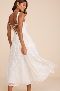 Loira White Burnout Jacquard Lace-Up Midi Dress 1
