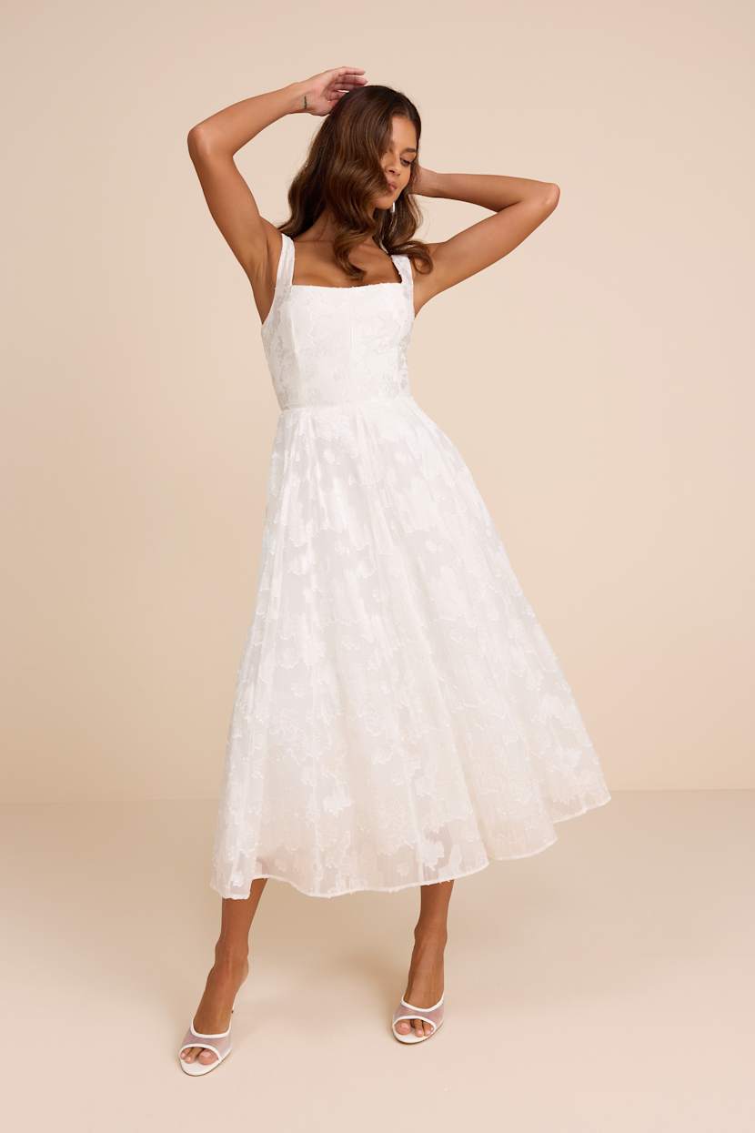 White Floral Burnout Dress - Lace-Up Midi Dress - A-Line Dress - Lulus