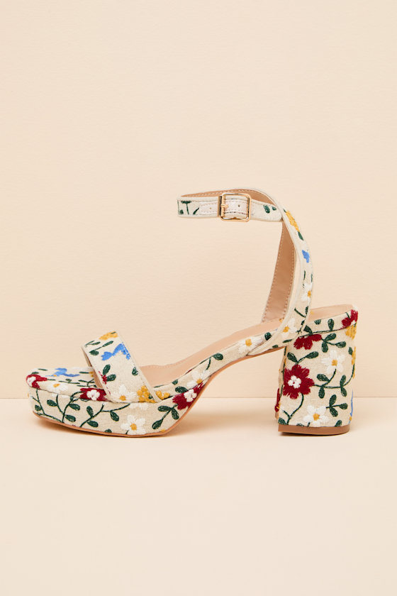 Elodina Beige Embroidered Platform High Heel Sandals