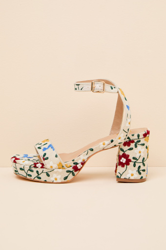Elodina Beige Embroidered Platform High Heel Sandals 1