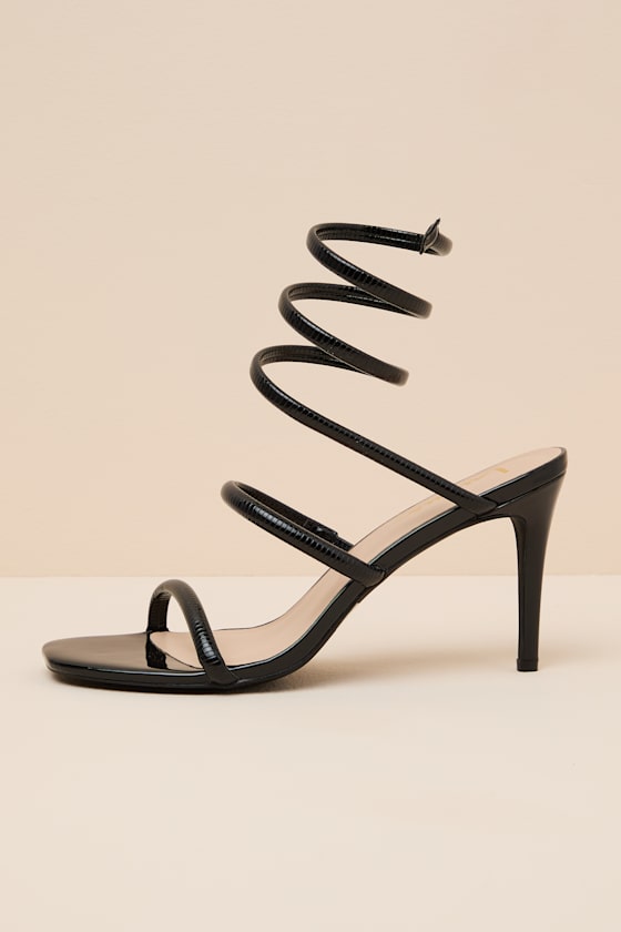 Gerogette Black Patent High Heel Ankle Wrap Sandals 1