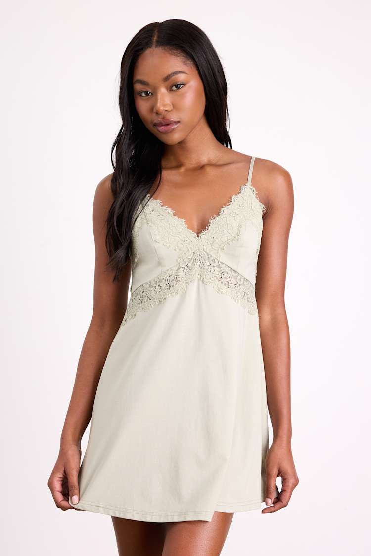 Sage Lingerie Lace Slip - Short Nightgown - Lace Mini Slip Dress - Lulus