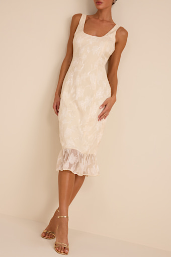 Elani Ivory Floral Burnout Trumpet Midi Dress 1
