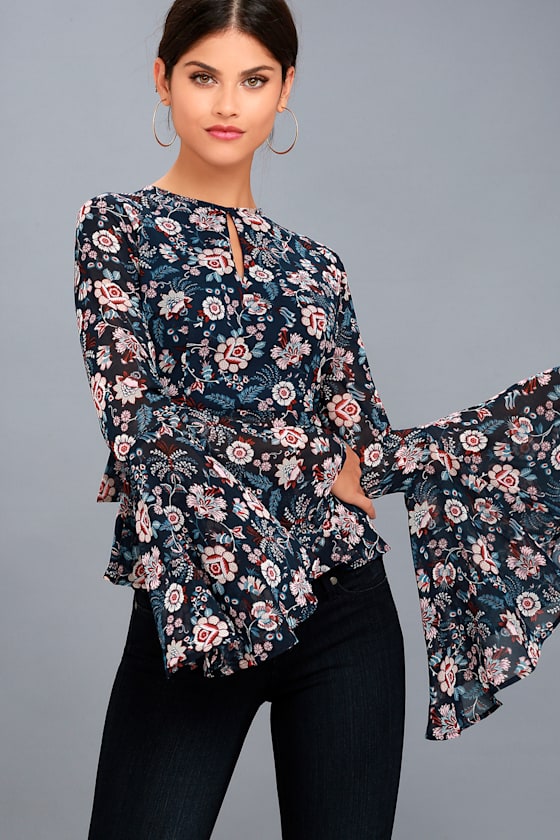 Boho Navy Blue Top Floral Print Top Bell Sleeve Top Lulus