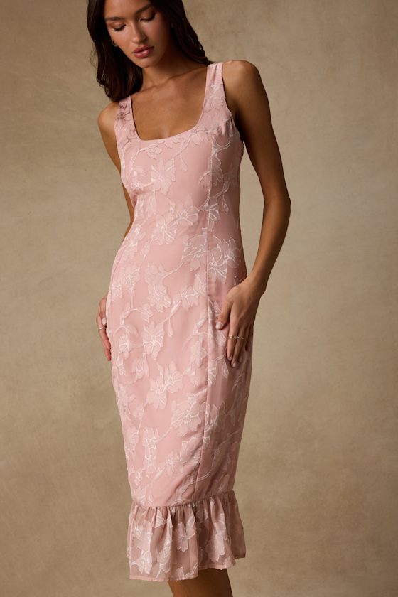 Elani Blush Pink Floral Burnout Trumpet Midi Dress 3