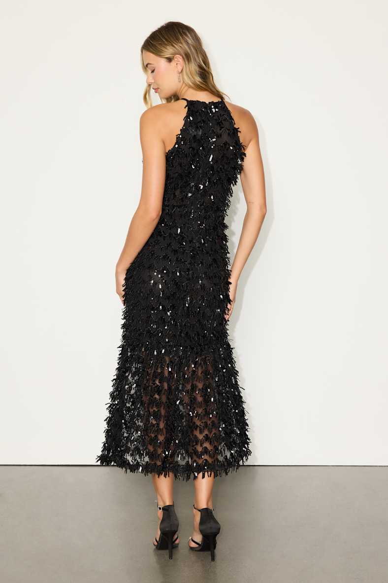 Fallon Black Sequin Halter Midi Dress