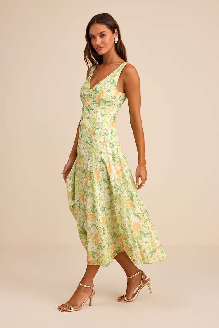 Lulus | Green Floral Print Sleeveless Midi Dress | Womens | Small (Available in XXL, XS) | 100% Polyester