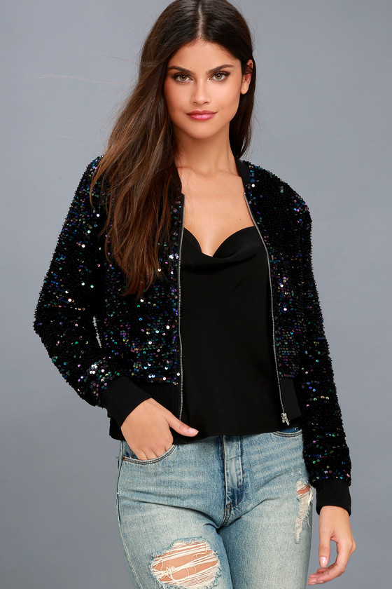 Cool Navy Blue Sequin Bomber Jacket - Cropped Bomber Jacket - Lulus