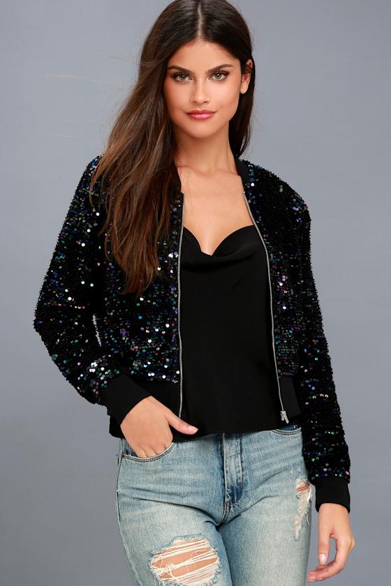 Cool Navy Blue Sequin Bomber Jacket Cropped Bomber Jacket Lulus