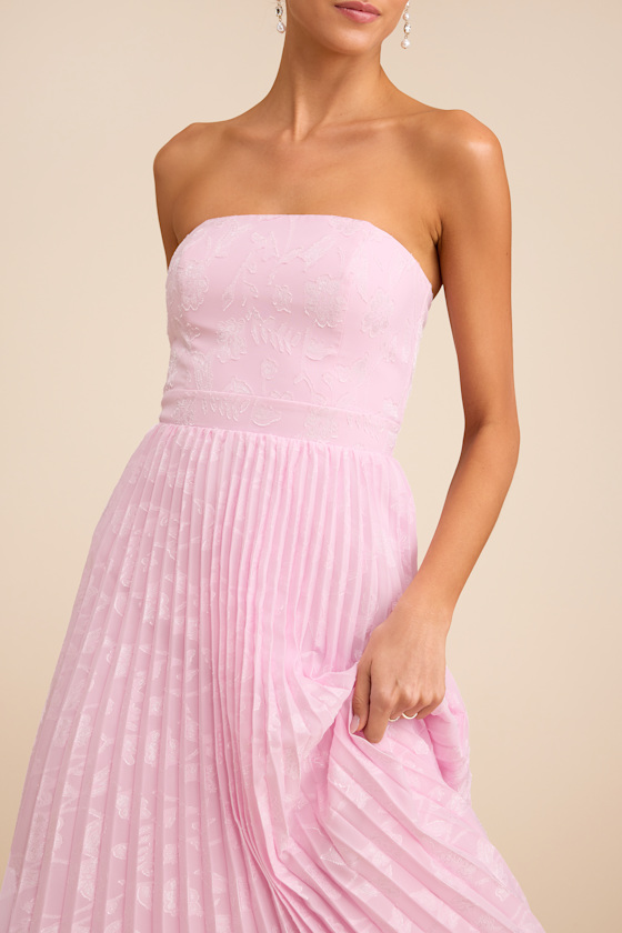 Perfectly Stunning Light Pink Jacquard Strapless Midi Dress 2