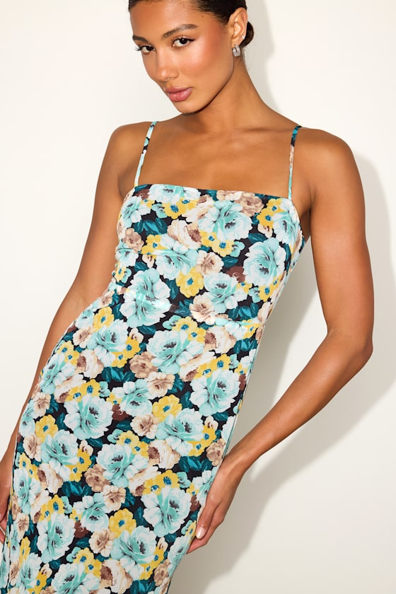 Image of Sweetest Invite Blue Multi Floral Sleeveless Midi Dress
