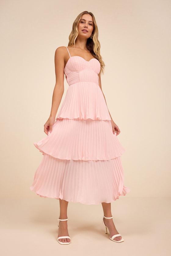 Cascading Crush Blush Pink Tiered Bustier Midi Dress 1