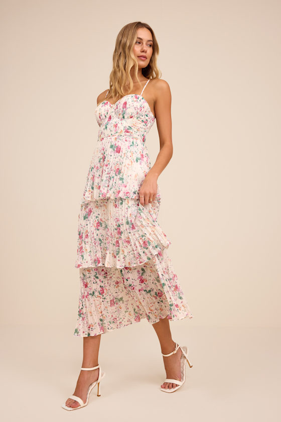 Ivory Floral Print Tiered Bustier Midi Dress | Womens | X-Large (Available in S, M, L) | 100% Polyester | Lulus Ivory Floral Print Tiered Bustier Midi Dress | Womens | X-Large (Available in S, M, L) | 100% Polyester | Lulus