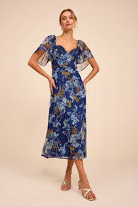 Valla Navy Blue Floral Flutter Sleeve Midi Dress 1