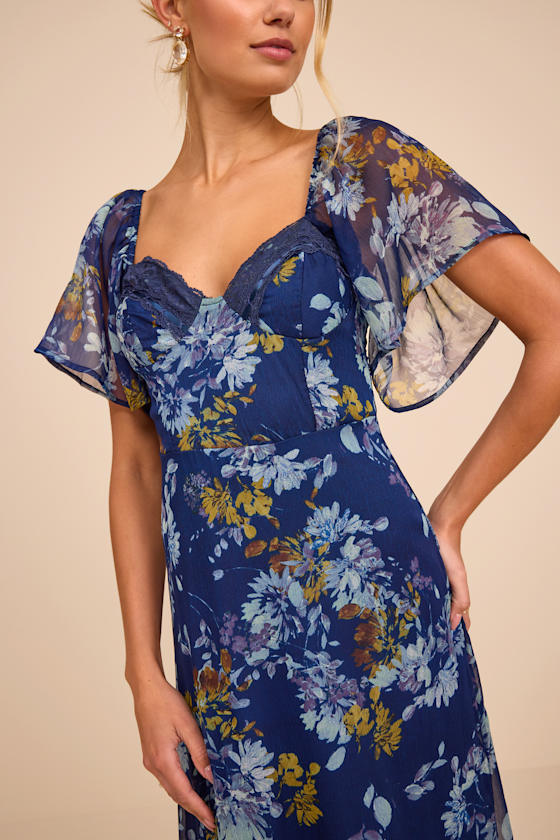 Valla Navy Blue Floral Flutter Sleeve Midi Dress 2