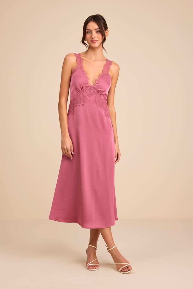 Alayah Dusty Rose Satin Lace Tie-Back Midi Dress