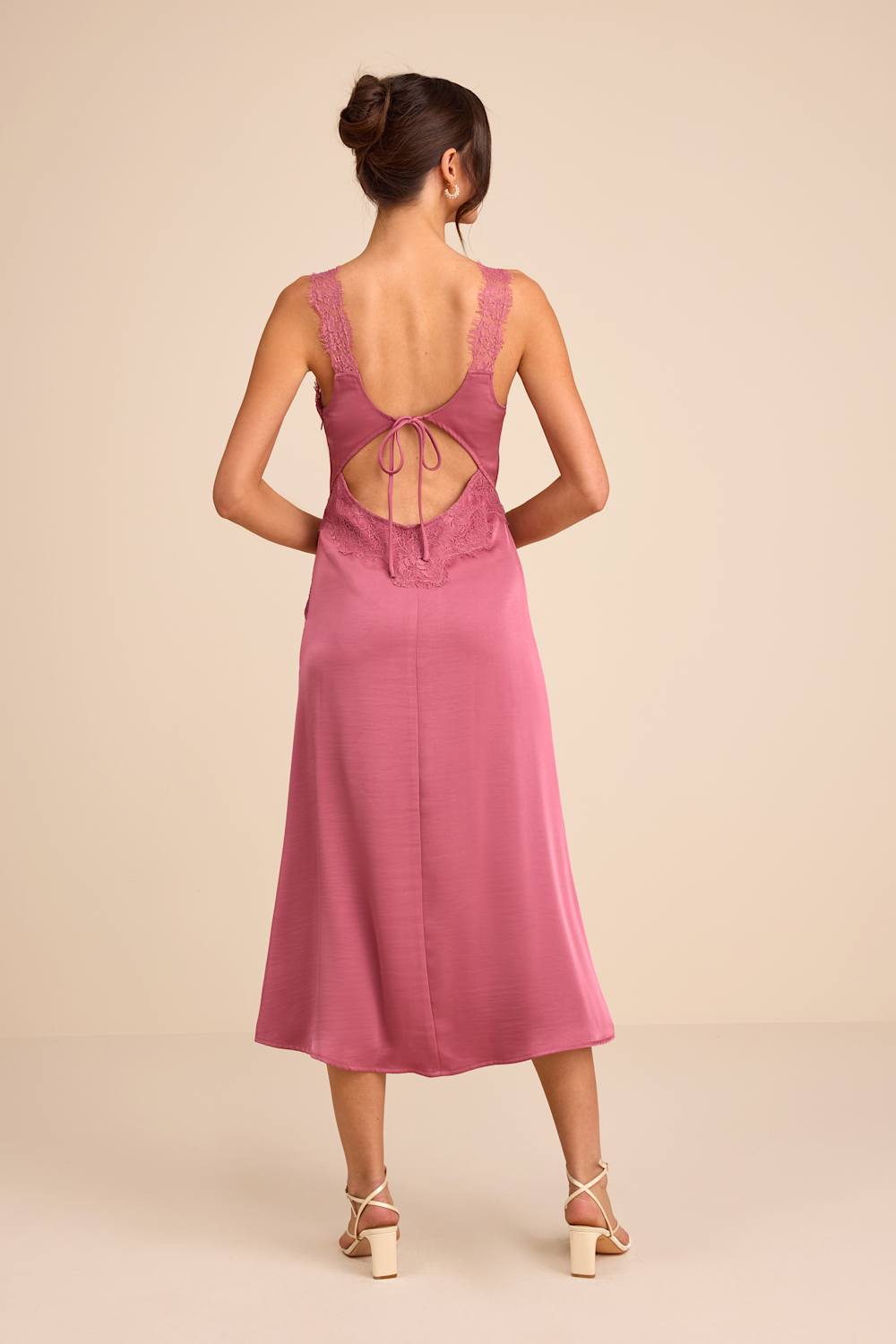 Alayah Dusty Rose Satin Lace Tie-Back Midi Dress