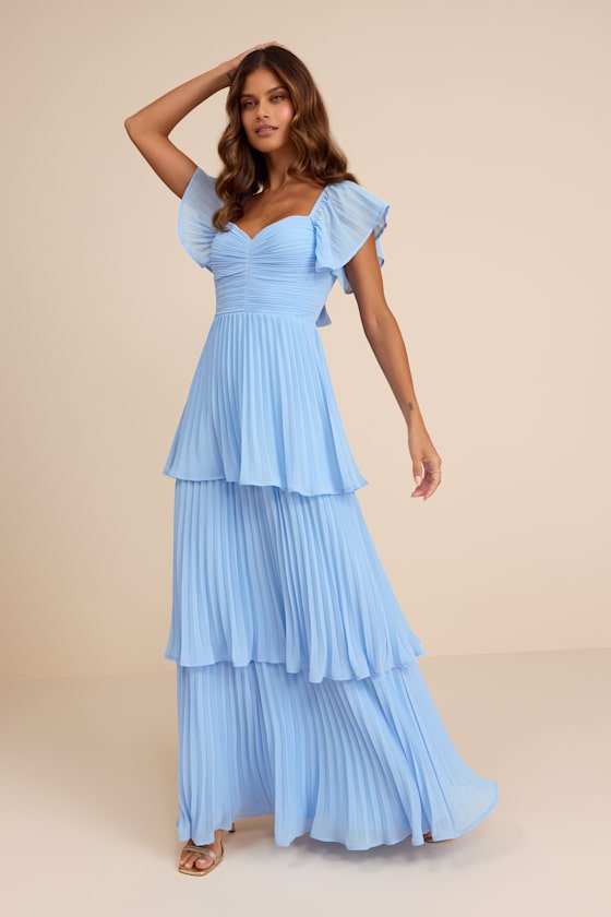 Notorious Charm Light Blue Pleated Flutter Sleeve Maxi Dress 1