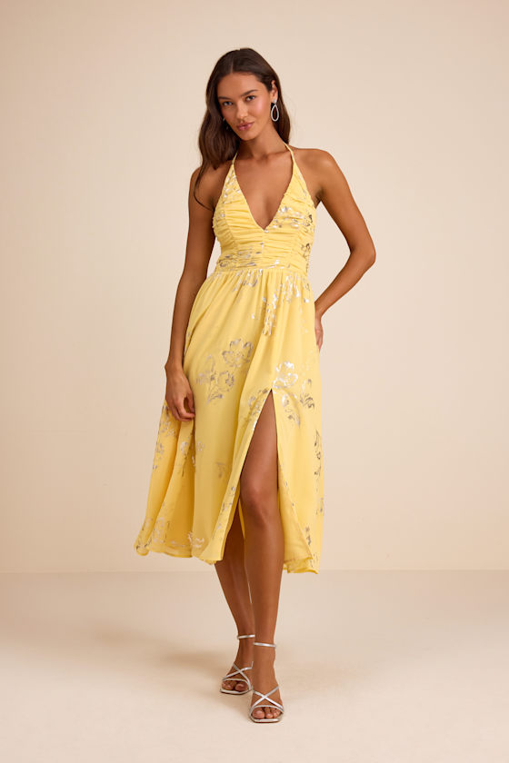 Danelle Yellow Floral Halter A-Line Midi Dress 2