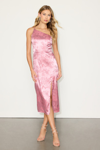Desirable Dream Pink Satin Jacquard Halter Neck Midi Dress 1