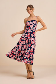 Radiant Feelings Navy and Pink Floral Chiffon Midi Dress 1