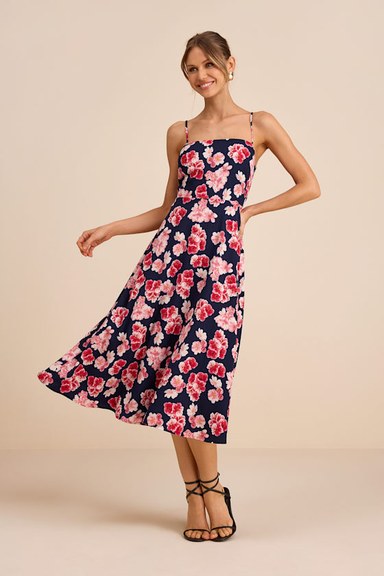 Radiant Feelings Navy and Pink Floral Chiffon Midi Dress 1