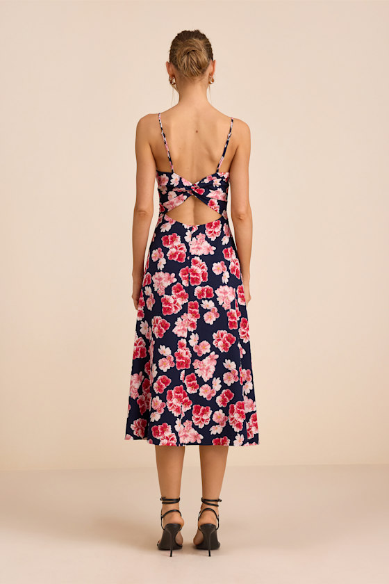 Navy and Pink Midi Dress - Chiffon Floral Dress - Midi Dress - Image 3