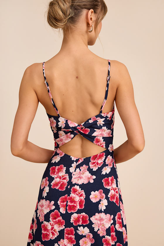 Navy and Pink Midi Dress - Chiffon Floral Dress - Midi Dress - Image 4