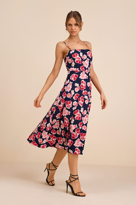 Navy and Pink Midi Dress - Chiffon Floral Dress - Midi Dress - Image 5
