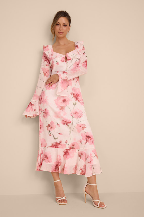 pink floral midi dress with sleeves Light Print Cotton - Dresses Featuring delicate floral embroidery Lia Floral Midi Dress in