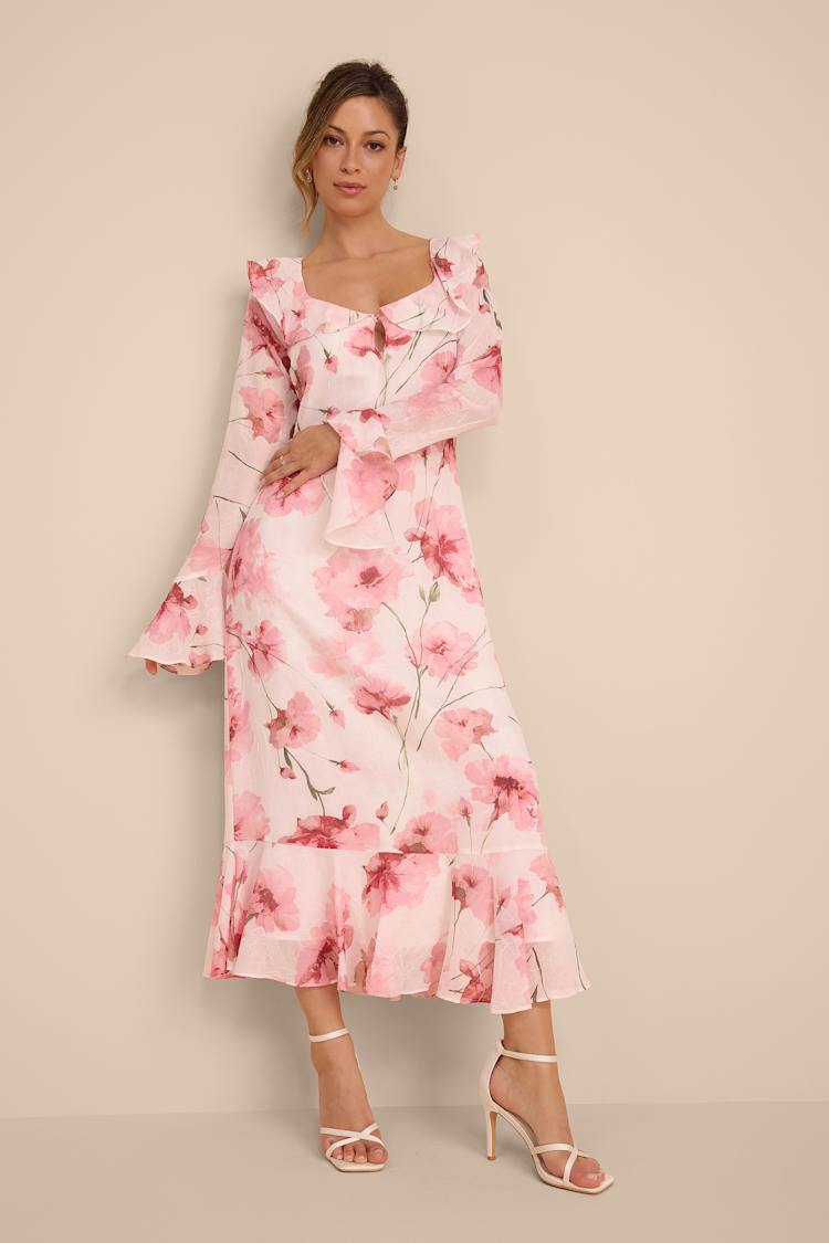 ivory and pink dress Ivory & Pink Floral Dress - Ruffled Midi Hem - Long Sleeve Dress