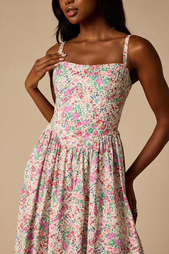 Dinette Ivory Multi Floral Basque Waist Midi Dress 3