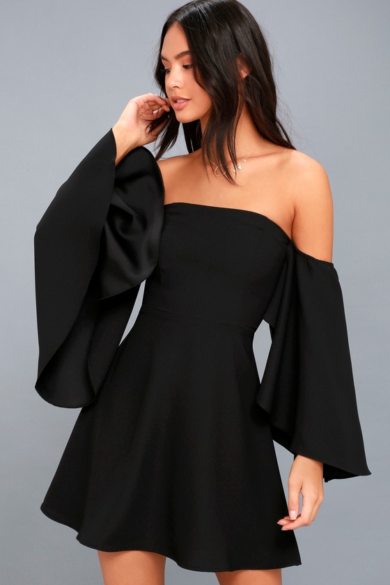 black off the shoulder dress with sleeves
